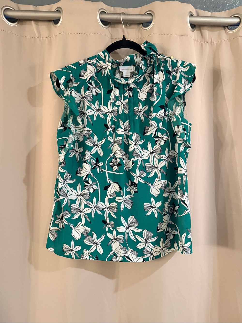 Liz Claiborne Teal Floral Bow-Neck Sleeveless Top